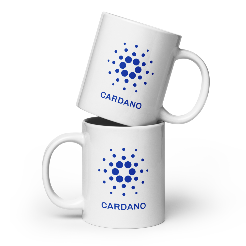 White Glossy Mug - Blue Cardano Logo, Stacked