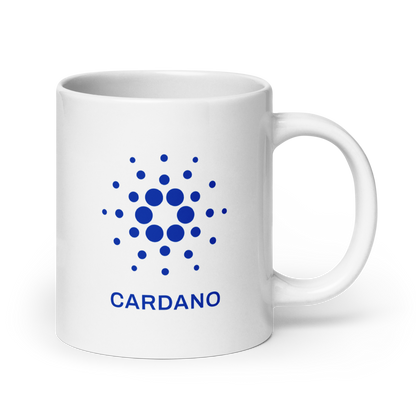 White Glossy Mug - Blue Cardano Logo, Stacked