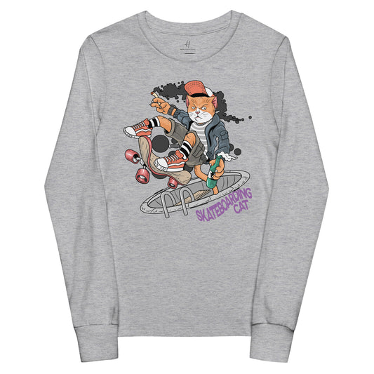 Youth long sleeve tee - Skateboarding Rebel Cat