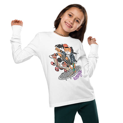 Youth long sleeve tee - Skateboarding Rebel Cat